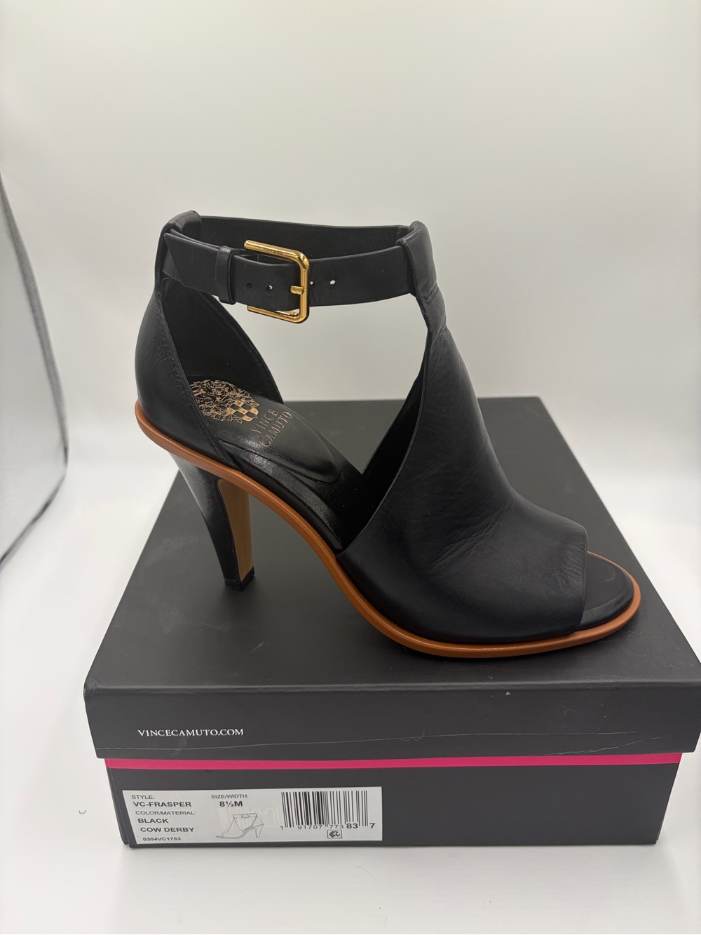 Vince Camuto Fasper Black Leather Ankle-Strap Peep-Toe Heel 8.5 Bootie Sandal
